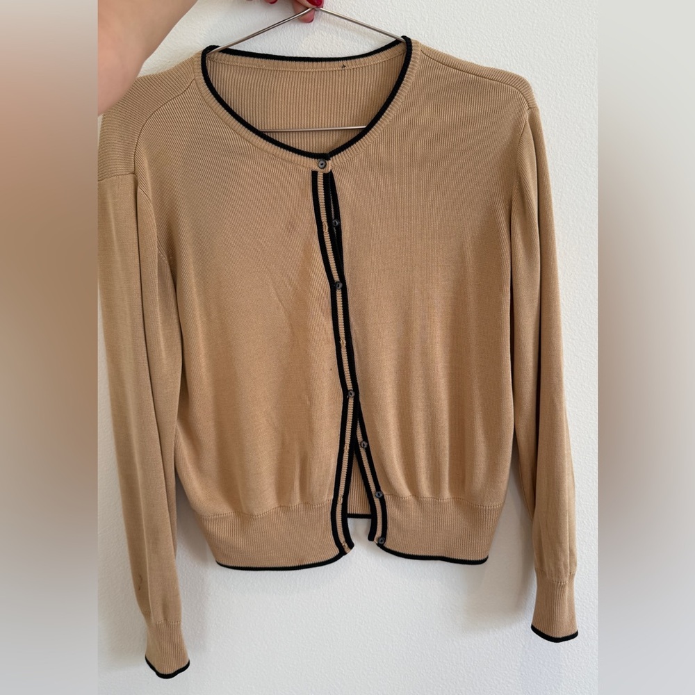 Tan Cardigan with Black Trim